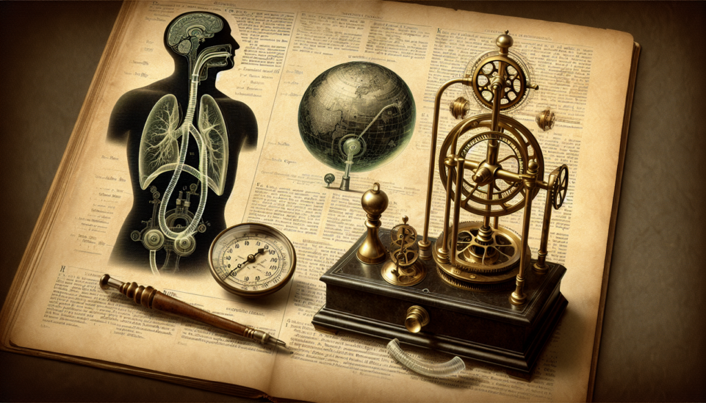Illustrer une page d'encyclopédie du 19e siècle sur "Inventions en O" avec un orrery, un dispositif d'assistance respiratoire oropharyngé et un odomètre ancien.