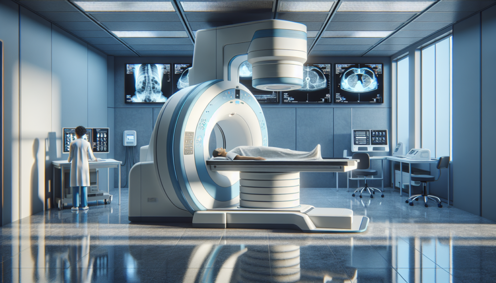 Illustration : Machine à rayons X moderne dans une salle d'hôpital lumineuse et propre, prête à capturer des images d'un patient.